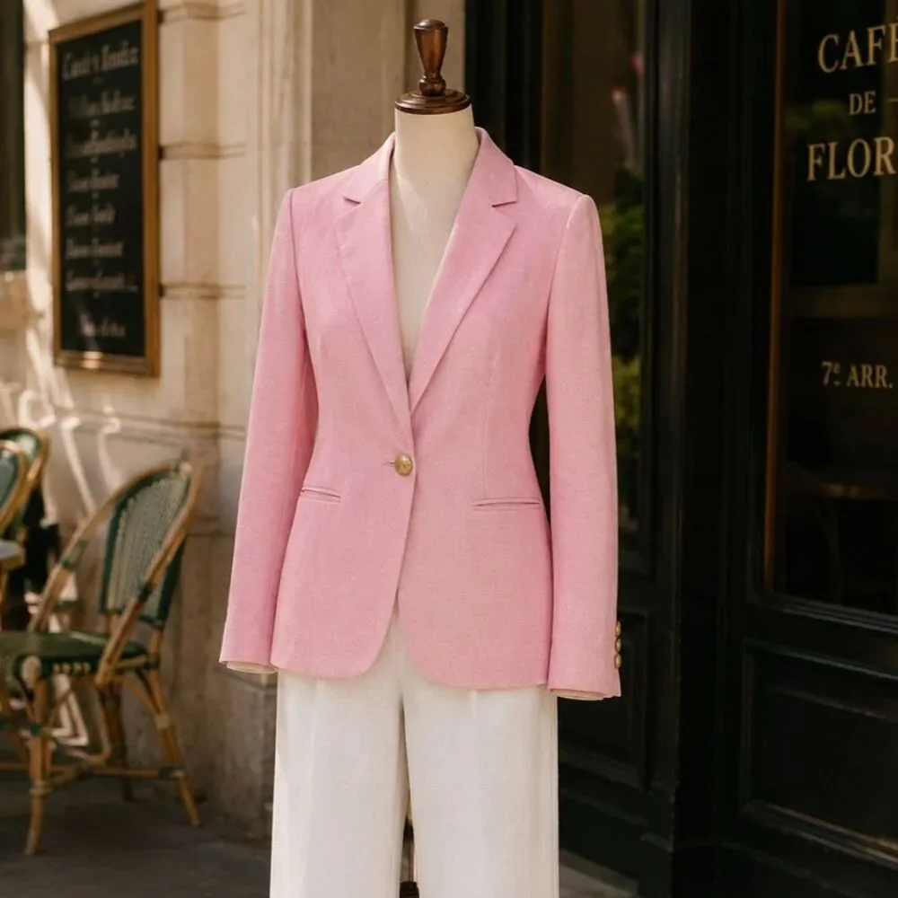 J.Crew Holland Blazer Pink Linen Cotton Single Button Gold Crest Buttons 8